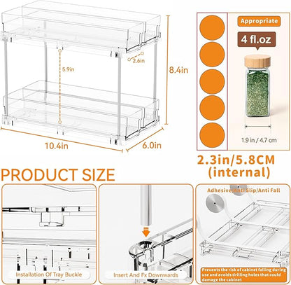 Yieach 2 Tier Sliding Spice Racks for Cabinets,1 Pack 10.4'' Deep Narrow Vertical Spice Rack Pull Out for Inside Cabinets,Kitchen,Pantry,Cupboard Seasoning,Jar Organizer and Medicine Cabinet Storage