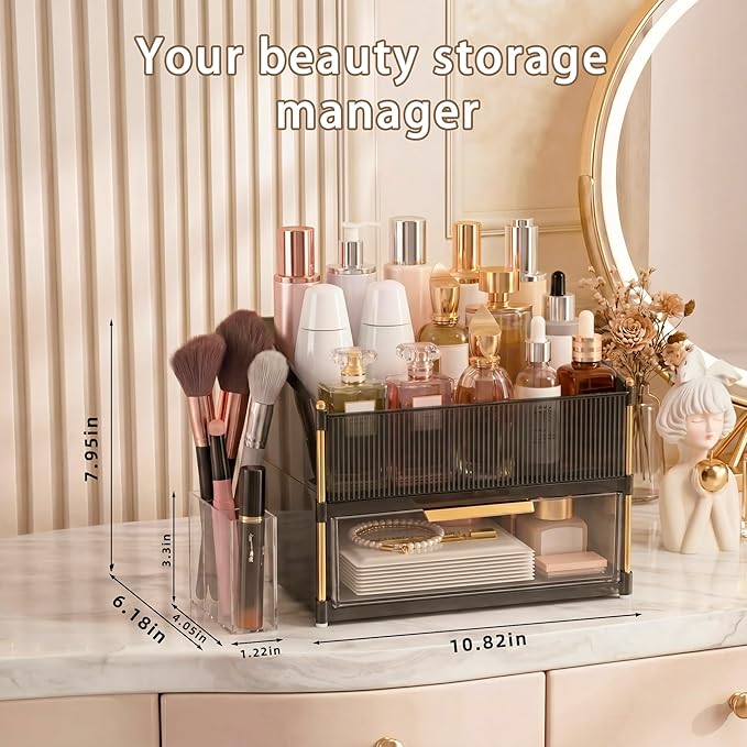 Large Capacity Makeup Organizer Countertop with Brush Holder, Vanity Skincare Perfume Storage Box for Bathroom, Mother's Day Birthday Anniversary Teen Girl Gifts for Women Mom