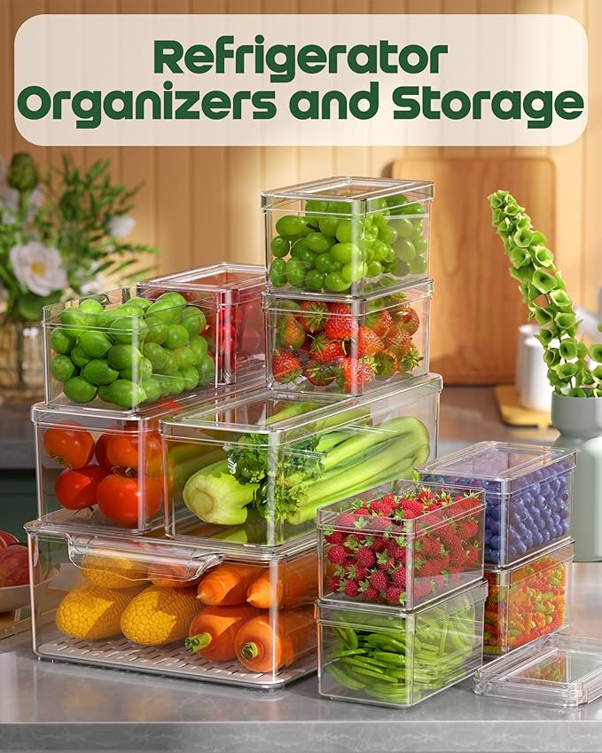 KEMETHY 11 Pack Refrigerator Organizers and Storage, Stackable Fridge Organizer Bins, BPA-Free Clear Plastic Fruit Storage Containers for Fridge, Kitchen, Fruits, Drinks, Produce, Vegetable