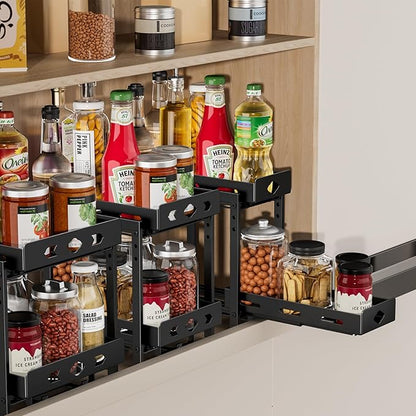 BOIVSHI Pull Out Spice Rack Organizer, 2-Tier Vertical Spice Rack, Height Adjustable for Kitchen Cabinet (5.3''Wx10.8''Dx9.2''H, Metal Black)