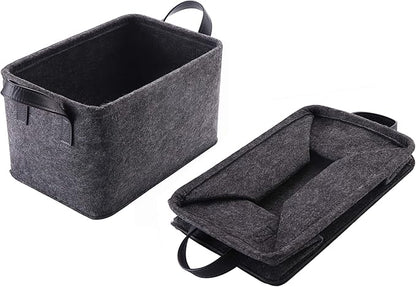 Collapsible Storage Bins Foldable Felt Fabric Storage Basket Organizer Boxes Containers with Handles PU Handles for Nursery Toys,Kids Room,Clothes,Towels,Magazine (PU-Dark grey, 15.9L×11W×9.8H)