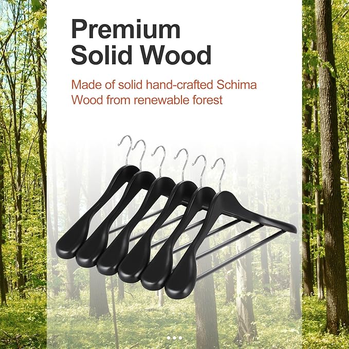 TOPIA HANGER Wide Shoulder Wooden Hangers, Suit Hangers with Non Slip Pants Bar & 360° Swivel Hook, Solid Wood Heavy Duty Coat Hanger, 6 Pack (Matte Black)-CT02B