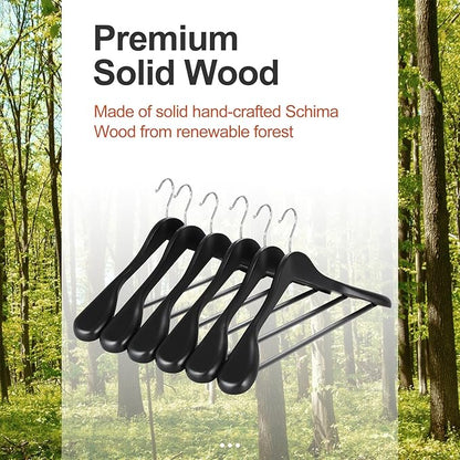 TOPIA HANGER Wide Shoulder Wooden Hangers, Suit Hangers with Non Slip Pants Bar & 360° Swivel Hook, Solid Wood Heavy Duty Coat Hanger, 6 Pack (Matte Black)-CT02B