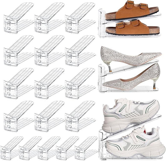 TOPNEW Shoe Slots Organizer for Closet 20 Pack Adjustable Level Shoe Stacker Holder Organization Double Layer Storage Space Saving Shoe Rack Organizer for Closet (Transparent)