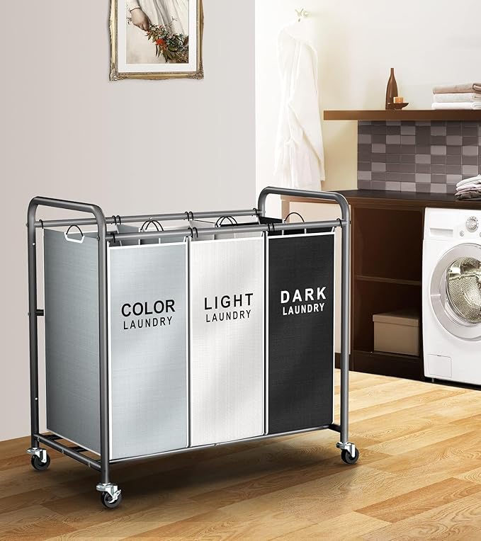 ROMOON Laundry Sorter Hamper 3 Section, Divided Laundry Basket Organizer with Heavy Duty Lockable Wheels and Removable Bags, Rolling Clothes Hamper for Apartment, Dorm & Family (135L Multicolor)