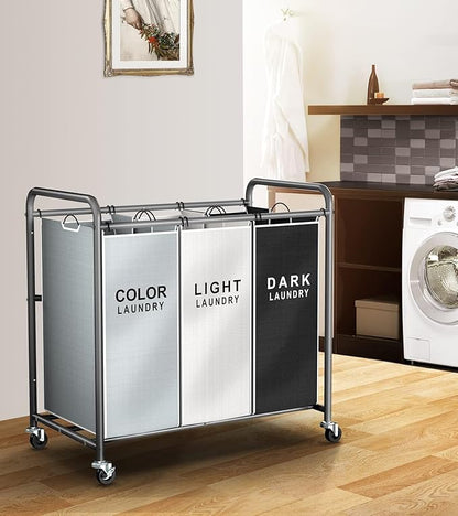 ROMOON Laundry Sorter Hamper 3 Section, Divided Laundry Basket Organizer with Heavy Duty Lockable Wheels and Removable Bags, Rolling Clothes Hamper for Apartment, Dorm & Family (135L Multicolor)
