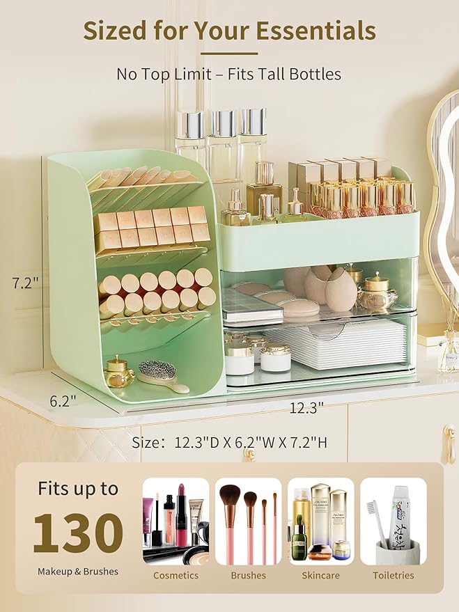 Booklov Makeup Organizer for Vanity, Countertop Cosmetic Display Case with Clear Acrylic Drawers, Bathroom Counter Beauty Caddy, Cute Table Storage Holder for Skincare, Brush Lipsticks, Crystal Green