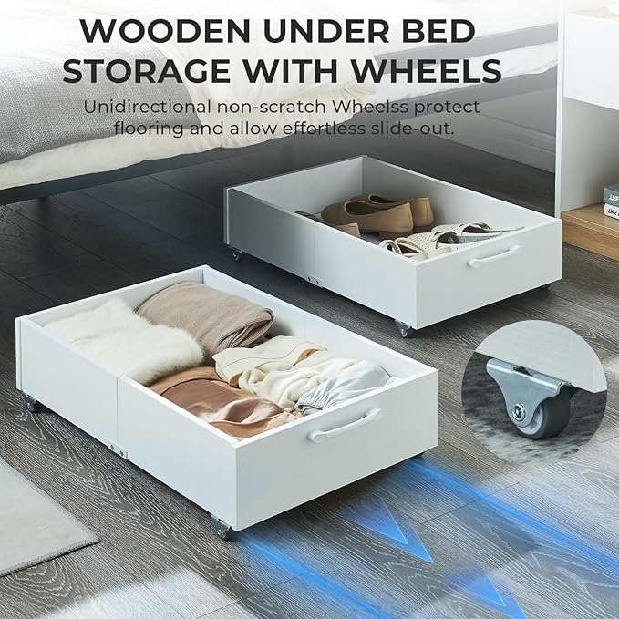 TIOPGHAD Under Bed Storage with Wheels, 2-Pack Under Bed Shoe Storage Organizer Drawer, Composite Wood Organizer for Shoes Clothes Containers in Bedroom for Clothes,Shoes(White)
