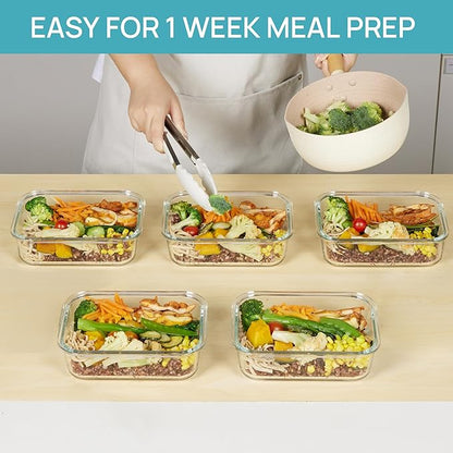 Vtopmart 5 Pack 35oz Glass Food Storage Containers with Lids, Meal Prep Containers, Airtight Reusable Lunch Container Set, Safe for Oven, Microwave, Freezer, and Dishwasher, Blue