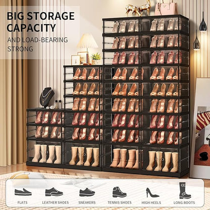 CIMLORD 9-Tier Foldable Shoe Rack for Closet Entryway 18-36Pairs,Stackable Clear Shoe Storage Boxes Organizer with Door Plastic Shoe Cabinet Bins with Lids Shoes Shelf Easy Assembly Large Black