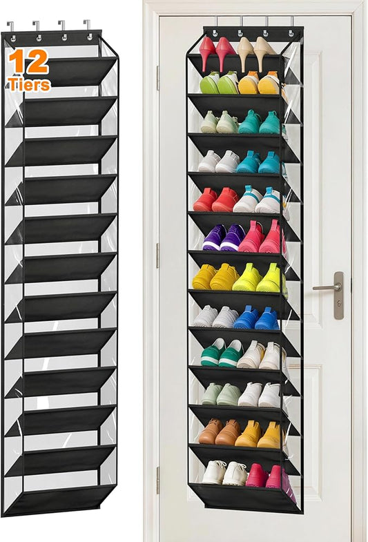 MISSLO 36 Pairs Clear Over the Door Shoe Organizer Closet Hanging Shoe Rack for Door with Large Deep Pockets Shoes Hanger Holder for Sneakers, Boots, Heels Storage (Black)