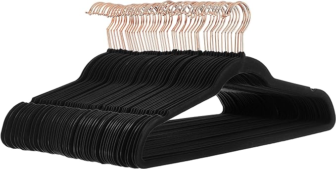 Amazon Basics Slim Velvet Non-Slip Space Saving Suit Clothes Hangers for Closet Organization, Black/Rose Gold, 50-Pack