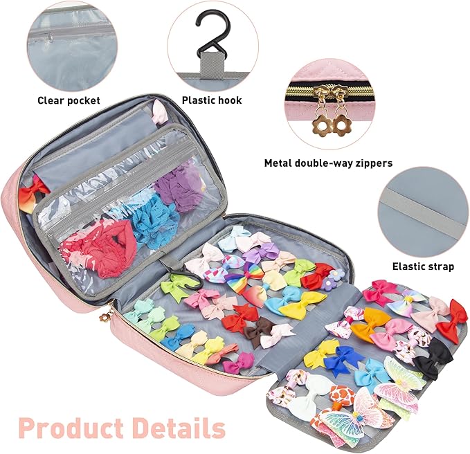 MICOM Hanging Hair Accessories Storage Bag - Organizer for Girls' Hair Bows, Clips, Headbands, Scrunchies & Ties - Display Case with Hook