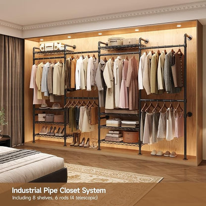 ComfyCorner Wall Mounted Garment Rack, Industrial Pipe Metal Clothing Rack with 6 Hanging Rods (4 Expandable) & 8 Shelves, Closet Organizers and Storage System for Bedroom, Walk in Closet