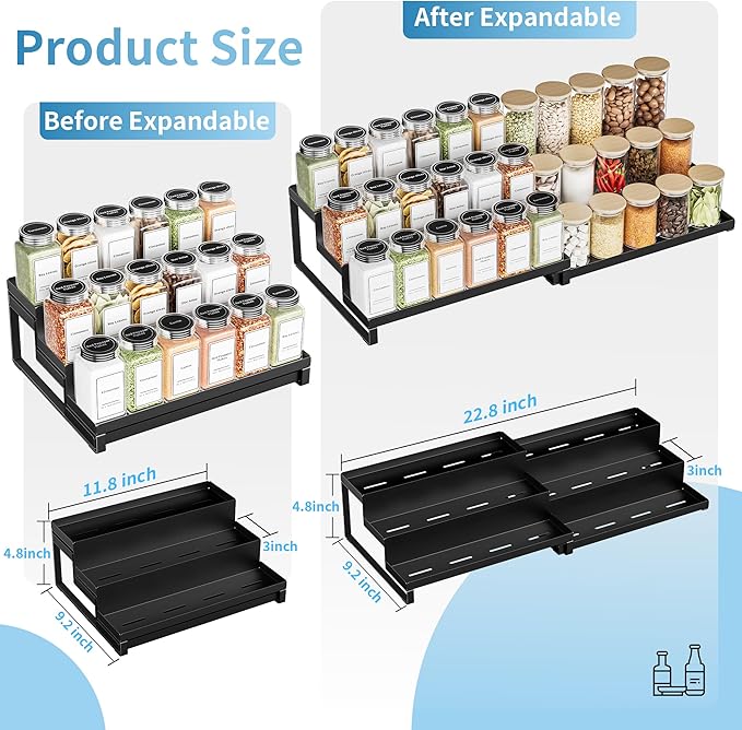 BOIVSHI Spice Rack Organizer for Cabinet, Expandable 3 - Tiered Spice Rack, Metal Spice Organizer, Spice Shelf Organizer for Cabinet, Countertop, Pantry, Cupboard, Black