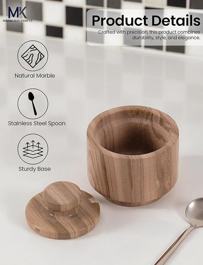 Marble Salt Cellar with Lid and Spoon 3" Inch Natural Brown Salt and Pepper Dish, Sugar and Salt Bowls Countertop, Coffee Container, Spice Jars, Candy Jar, Ideal Mother’s Day Gift for Mom