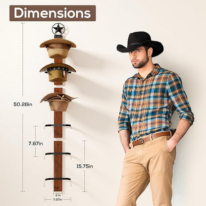 Cowboy Hat Rack for Wall – 3-Piece Western Hat Holder, Rustic Wooden & Metal Wall Mounted Cowboy Hat Organizer, Holds up to 6 Hats, Cowboy Room Decor & Storage Display Rack