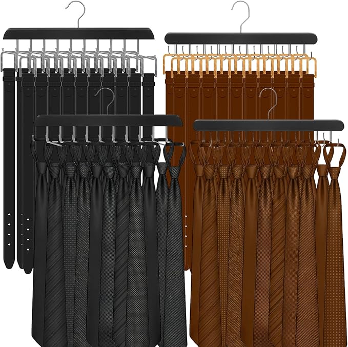 4 Pack Tie Rack and Belt Hanger 2 in 1, Wooden Tie Organizer for Closet with 20 Foldable Hooks, Space Saving Necktie Holder and Belt Organizer, Black