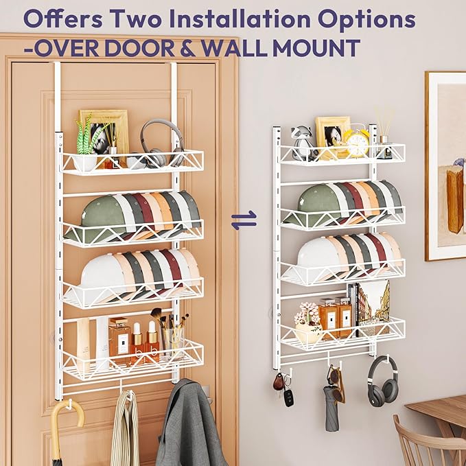 SWTYMIKI Over Door Hat Organizer - 5 Tier Wall Mounted Hat Rack with 4 Adjustable Metal Basket and 3 Hooks, Hanging Baseball Cap Organizer Storage Holds up to 49 Caps for Door, Bedroom, Closet