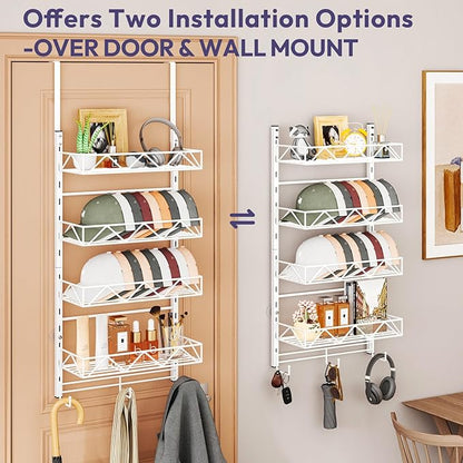 SWTYMIKI Over Door Hat Organizer - 5 Tier Wall Mounted Hat Rack with 4 Adjustable Metal Basket and 3 Hooks, Hanging Baseball Cap Organizer Storage Holds up to 49 Caps for Door, Bedroom, Closet