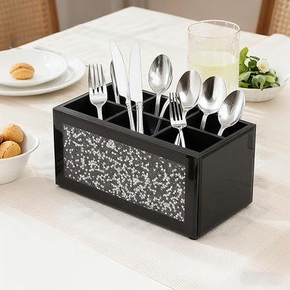 SHYFOY Silverware Holder, Kitchen Utensil Caddy with 6 Compartments, Cutlery Storage Organizer Countertop, Flatware Organizer for Party, Spoon, Fork Holder, Black