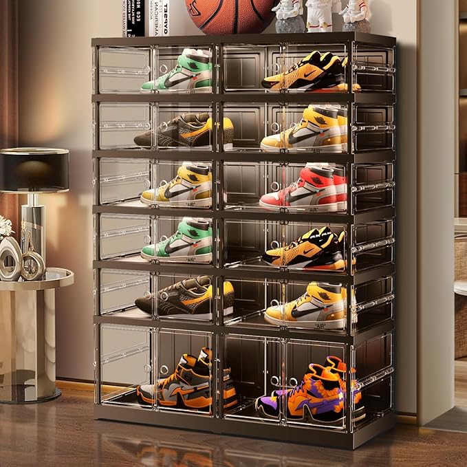 EHAMILY 6 Tiers 12-24 Pairs Foldable Shoe Rack for Closet Plastic Stackable Shoe Boxes for Garage Collapsible Shoes Shelf with Doors Storage Organizer Cabinet Quick Assembly,Black