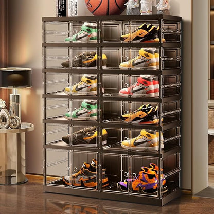 EHAMILY 6 Tiers 12-24 Pairs Foldable Shoe Rack for Closet Plastic Stackable Shoe Boxes for Garage Collapsible Shoes Shelf with Doors Storage Organizer Cabinet Quick Assembly,Black