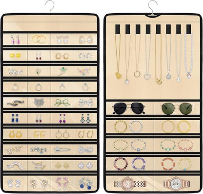Hanging Jewelry Organizers and Storage, Double-Sided Jewelry Necklace Holder for Jewelries, Earrings, Accessories, Rings on Closet, Door, Wall (1,Beige)