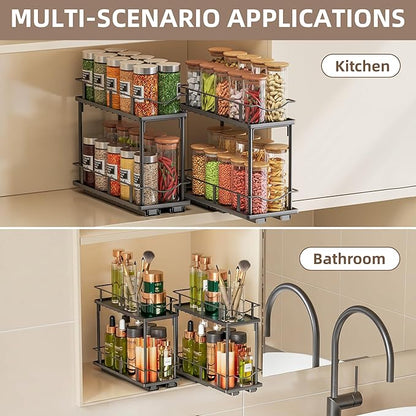 2 Packs Pull Out Spice Rack Organizer for Cabinet, 2-Tier Slide Out Seasoning Organizer, Narrow Cabinet Spice Rack, 10.7" Dx4.8 Wx8.85 H, Full Extension Ball Bearing Glides, Kitchen Pantry Organizer