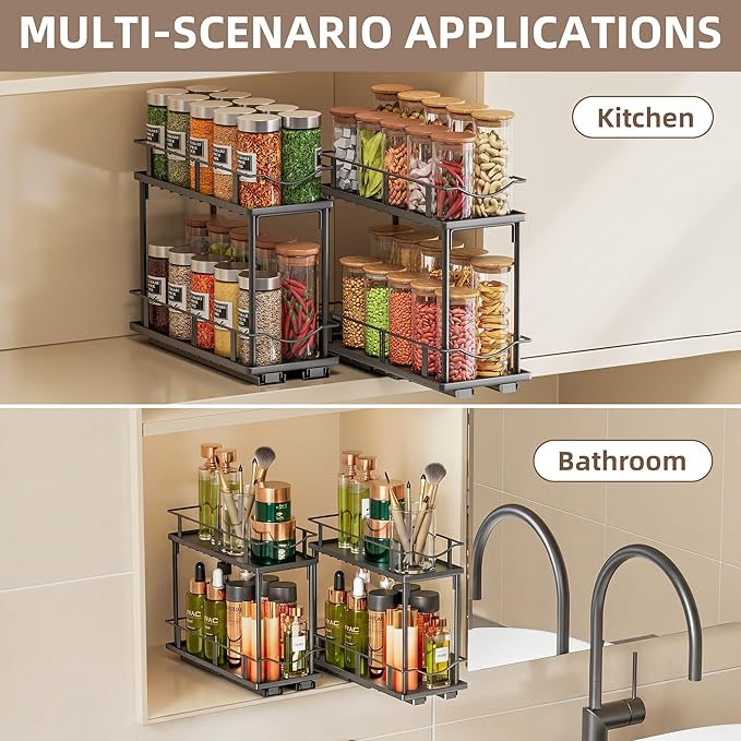 1 Packs Pull Out Spice Rack Organizer for Cabinet, 2-Tier Slide Out Seasoning Organizer, Narrow Cabinet Spice Rack, 10.7" Dx4.8 Wx8.85 H, Full Extension Ball Bearing Glides, Kitchen Pantry Organizer