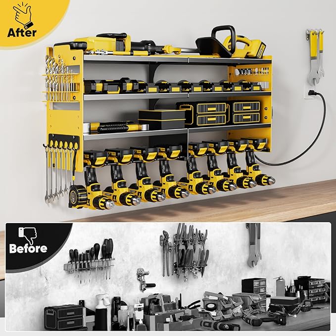 POKIPO Large Power Tool Organizer Wall Mount with Charging Station,4 Layer Heavy Duty Metal Storage Rack Loads 600lbs with 8 Cordless Drill Holder,Battery Utility Rack Gift for Garage workshops Room