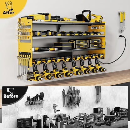 POKIPO Large Power Tool Organizer Wall Mount with Charging Station,4 Layer Heavy Duty Metal Storage Rack Loads 600lbs with 8 Cordless Drill Holder,Battery Utility Rack Gift for Garage workshops Room
