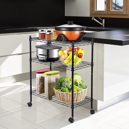 SUPER DEAL 3-Shelf Adjustable Heavy Duty Storage Wire Shelving Unit with Wheels, Metal Organizer Wire Rack Microwave Utility Cart, Black (24L x 14W x 31H)