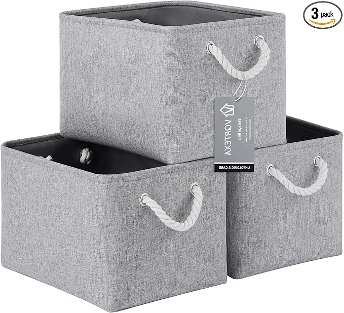 Large Storage Baskets- 15x11x10 inch Storage Bins for Shelves and Closet Organizing, Foldable Fabric Bin for Home Organization Clothes and Laundry (3-Pack, Gray)