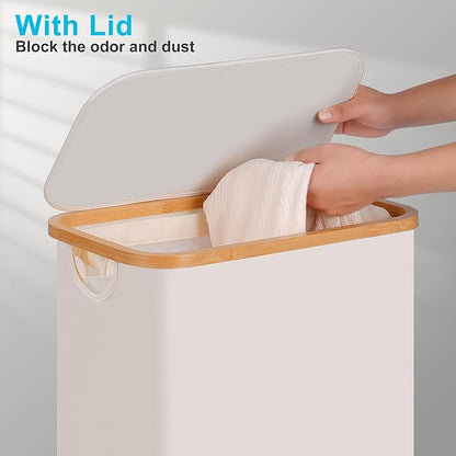 efluky Slim Laundry Hamper with Wheels, Narrow Laundry Basket with Lid and Removable Bag, Aesthetic Dirty Clothes Hamper on Wheels for Laundry Room, Bedroom, Dorm and Bathroom, 75L Beige