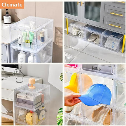 Clemate Upgraded X-Large Shoe Organizer,Shoe Storage Organizer,12 Pack,Shoe Box Clear Plastic Stackable,Drop Front Shoe Box with Clear Door, Shoe Containers For Sneaker Display,Fit up to US Size12