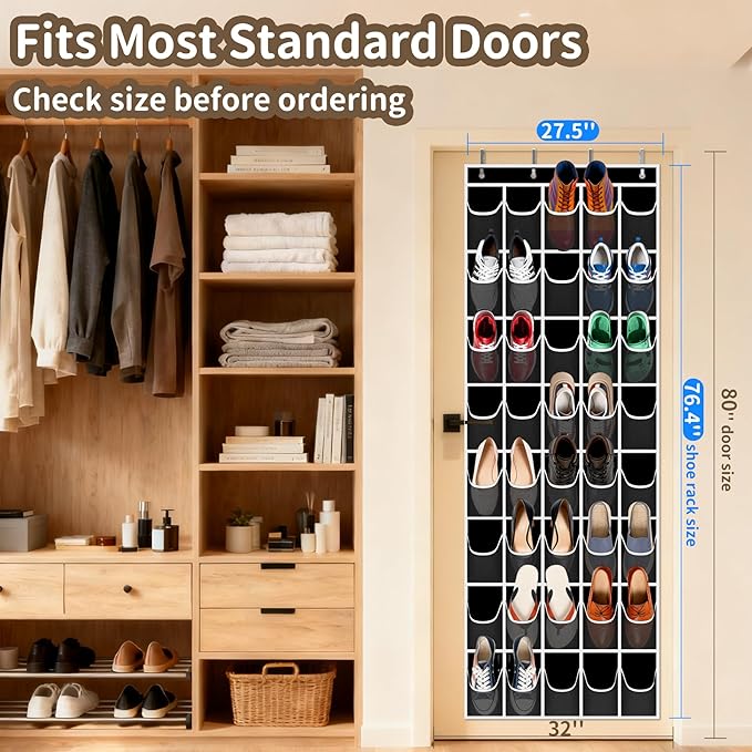 Over the Door Shoe Organizer with 40 Large Pockets, Multi-Purpose Storage for Shoe and Accessories, Durable Fabric with Adjustable Hooks for Home Closet Bedroom Entryway-Black