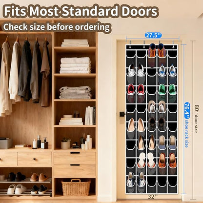 Over the Door Shoe Organizer with 40 Large Pockets, Multi-Purpose Storage for Shoe and Accessories, Durable Fabric with Adjustable Hooks for Home Closet Bedroom Entryway-Black