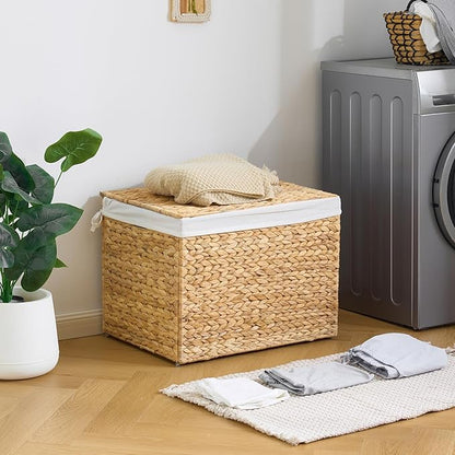 Water Hyacinth Storage Basket with Lid, 31.7 Gallon (120L) Wicker Shelf Basket with Removable Liner, Wicker Storage Basket for Blanket, for Livingroom, Bedroom, Natural