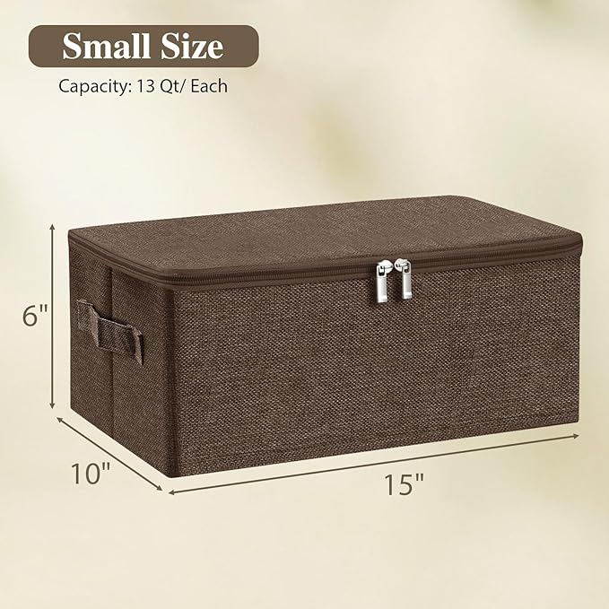 ANMINY Storage Bins with Zipper Lids 13 Qt Lidded Fabric Storage Boxes Baskets Cubes with Handles Collapsible Washable Cotton Linen Closet Shelf Clothes Organizer Containers - Coffee, Small