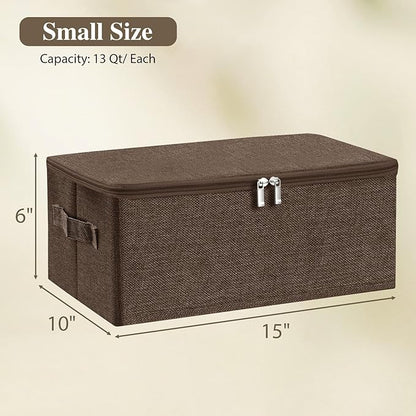 ANMINY 3PCS Storage Bins with Zipper Lids 13 Qt Lidded Fabric Storage Boxes Baskets Cubes with Handles Collapsible Washable Cotton Linen Closet Shelf Clothes Organizer Containers - Coffee, Small