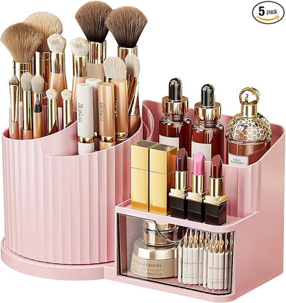 Anyoifax 360 Rotating Makeup Brush Holder Organizer with Drawer 5 Slots Make Up Brushes Cup Flower-Shaped Spinning Pen Holder for Vanity, Cosmetics, Lipsticks, Pink