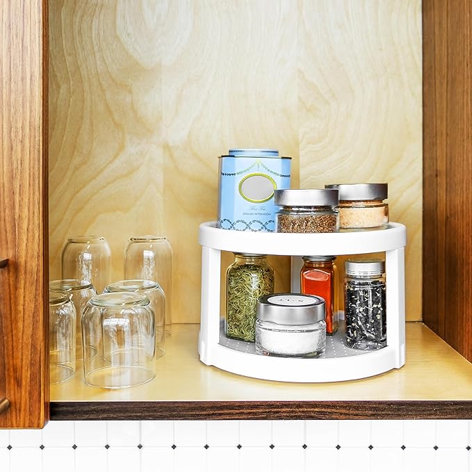 madesmart 10" Two-Level Turntable, Tiered Spinning Organizer for Spices, Lazy Susan Organizer, Condiments & Pantry Items, Non-Slip Lining, Easy to Clean, White