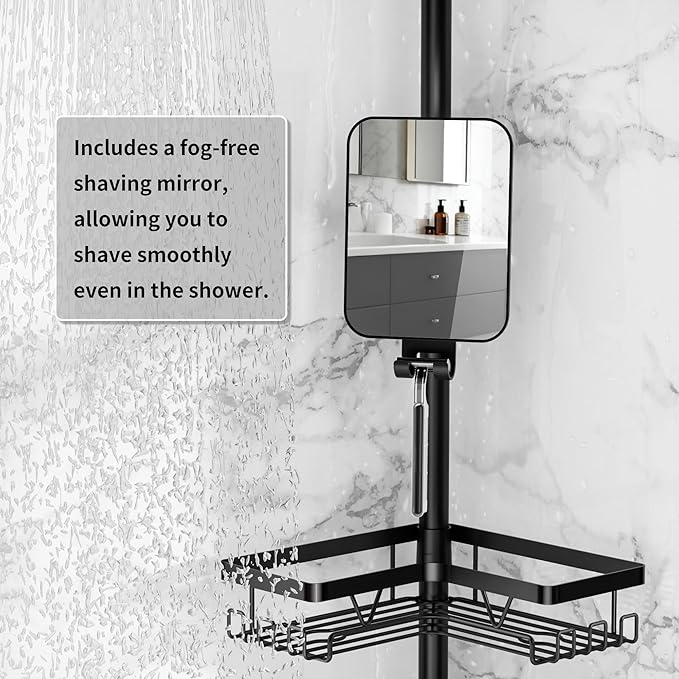 DAOYA Shower Caddy Tension Pole with Anti-Fog Shaving Mirror, Tension Rod Shower Caddy Corner for Bathroom Organizer, Black
