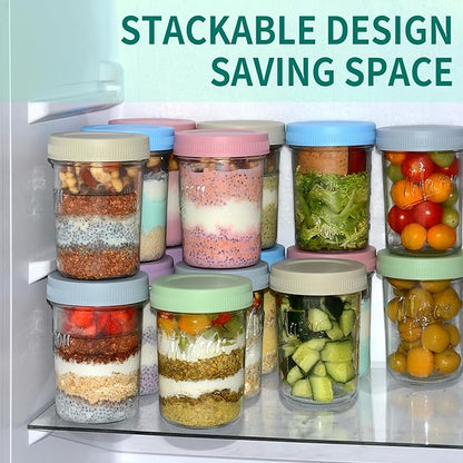 Xyptorix 16 oz Overnight Oats Containers with Lids, 4-Pack Leak-Proof Wide Mouth Mason Jars & Separate Compartments for Fruits/Nuts, Airtight Glass Jars for Chia Pudding, Yogurt, Parfait and Salad