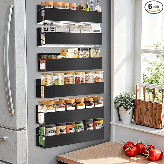 SMRCAD Magnetic Spice Rack for Refrigerator, 6pack Magnetic Shelf for Fridge Space Saving Seasoning Organizer for Kitchen storage Any Metal Surface No Drilling Needed (6pack-Black)