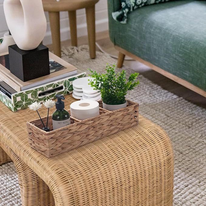 Water Hyacinth Toilet Tank Basket for Toilet Paper Rolls Wicker Baskets for Shelves Tampon Storage for Bathroom 3 Dividers (Large Compartment 16.5inch x 5.5inch x 3.5inch)