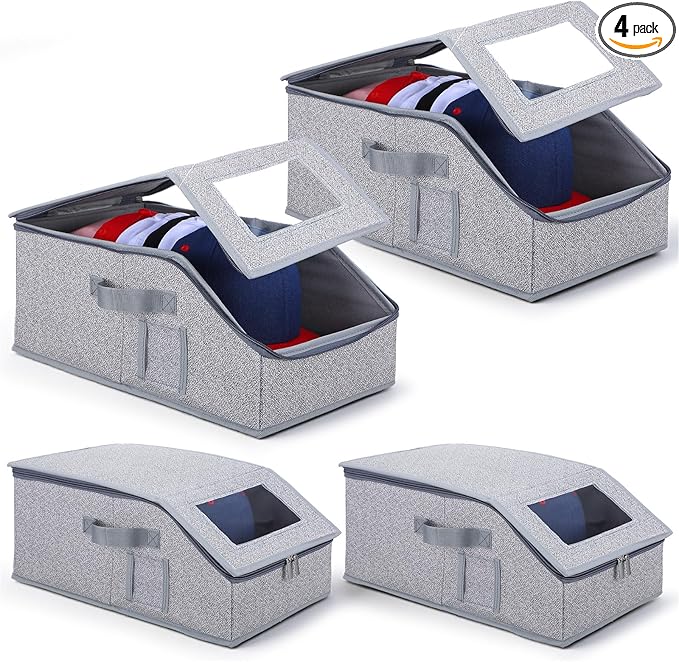 4 Pcs Stackable Hat Organizer for Baseball Caps, Grey Storage Box with Clear Window Lid, Holds up to 48 Caps, Space Saving Closet Organizer for Snapbacks, Foldable and Breathable Design