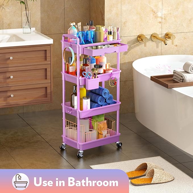 SUNALLY Makeup Cart Organizer with Drawers, 4 Tier Floor Skincare Organizers for Vanity, Rolling Makeup Bathroom Storage Cart Cosmetics Display Cases for Skin Care Perfume Nail Polish, Purple