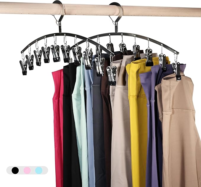 Legging Organizer for Closet,2 Pack Drying Rack with 20 Clips,Metal Yoga Pants Hangers,Windproof Clothes Hangers for Socks,Bras,Baby Clothes,Underwear-Space Saving,Indoor Outdoor Use (Black)